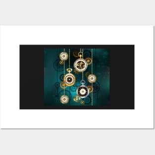 Steampunk Watch with Chains on Green Background Posters and Art